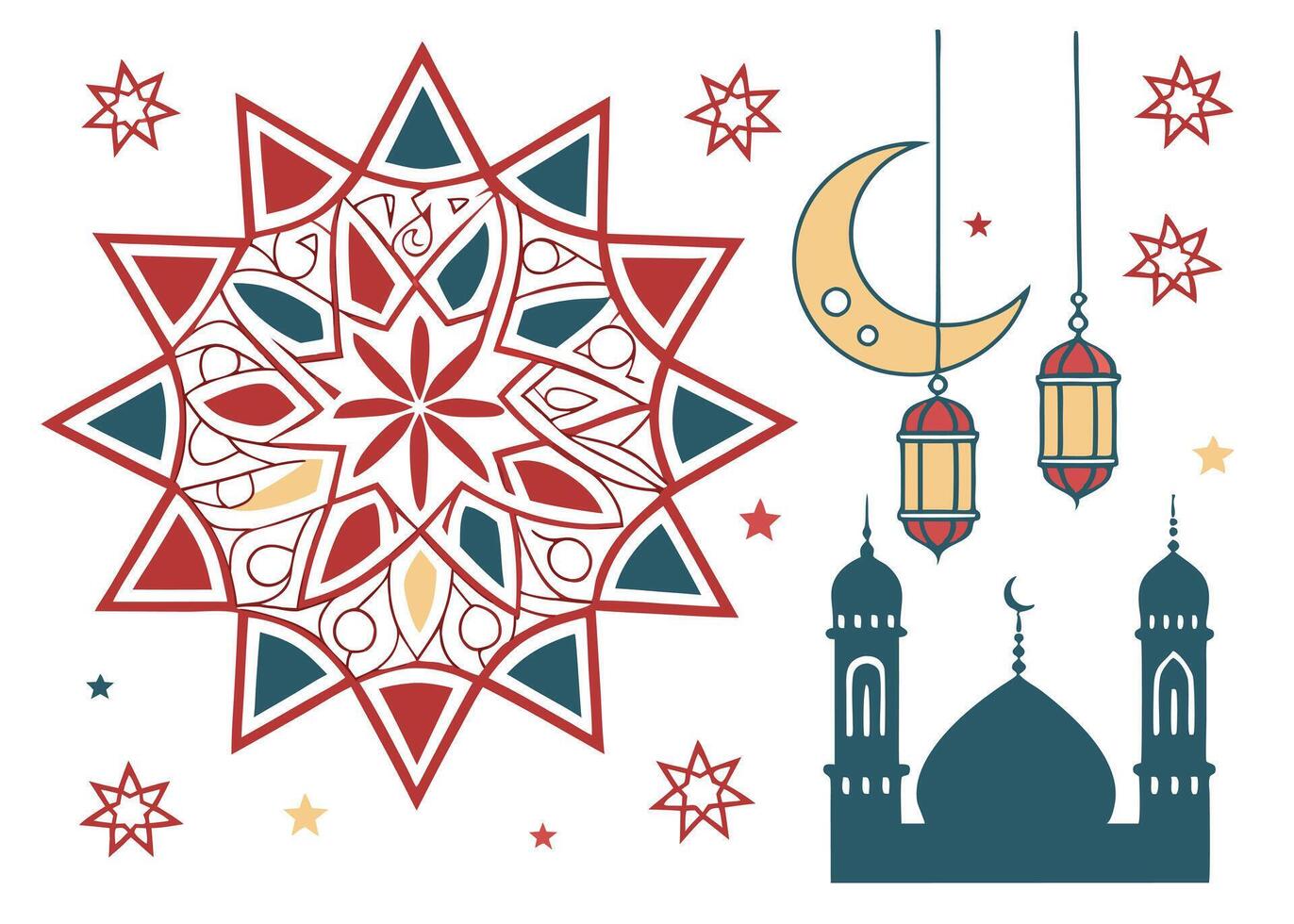 Islamic star patterns with Ramadan-themed festive decorations vector