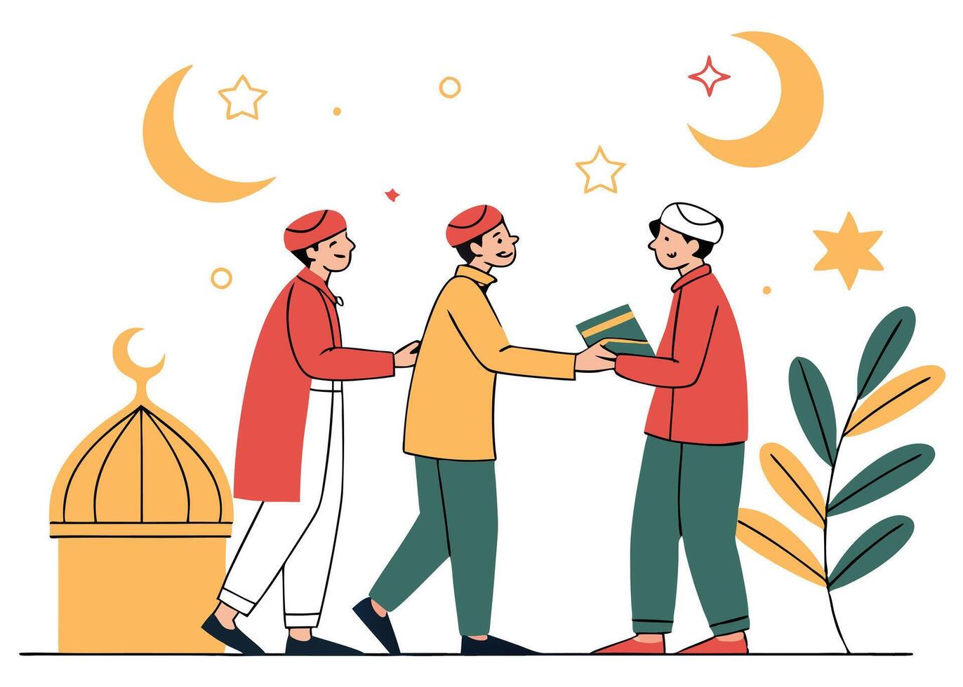 Muslim men exchanging greetings during Ramadan festival vector