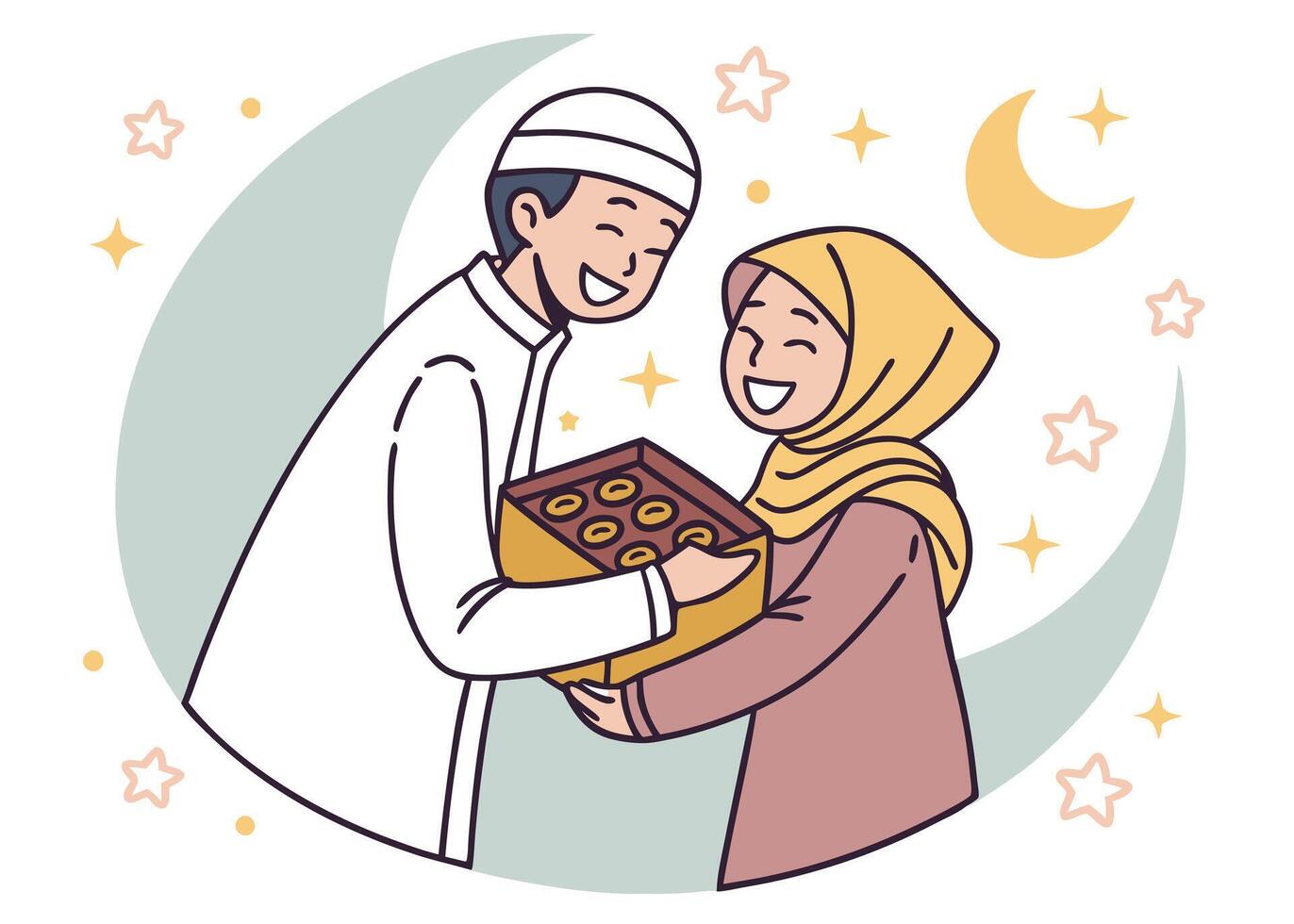 Muslim couple exchanging Ramadan greetings with love vector