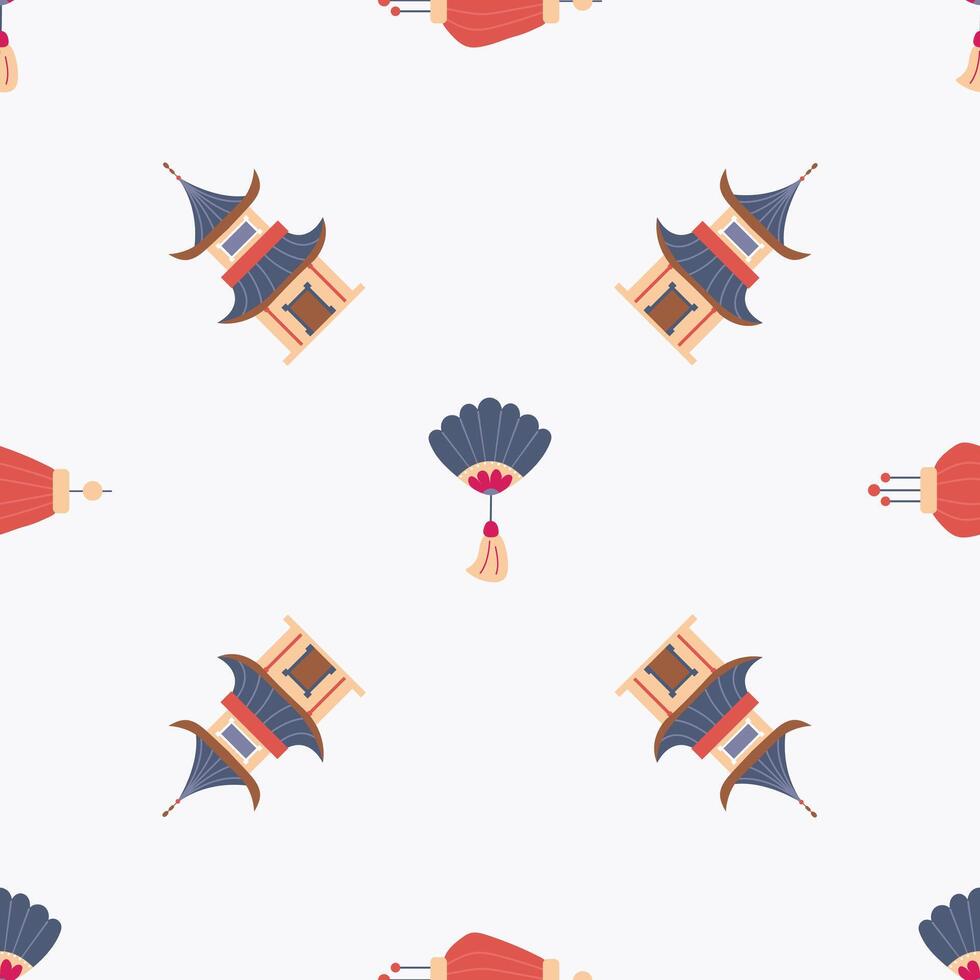 Seamless pattern with Japanese houses, lanterns and fans. Design for fabric, textile, wallpaper packaging vector
