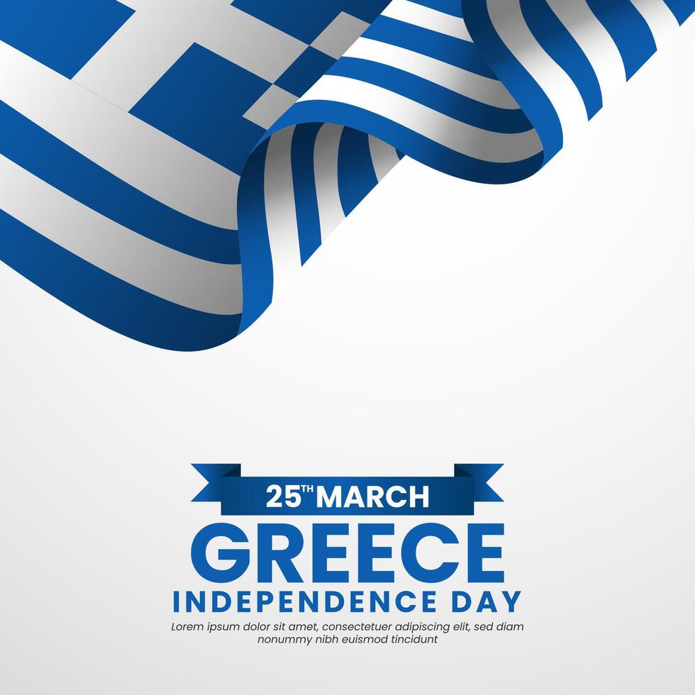 Greece independence day greeting card, square banner background with realistic 3D Greek flag vector