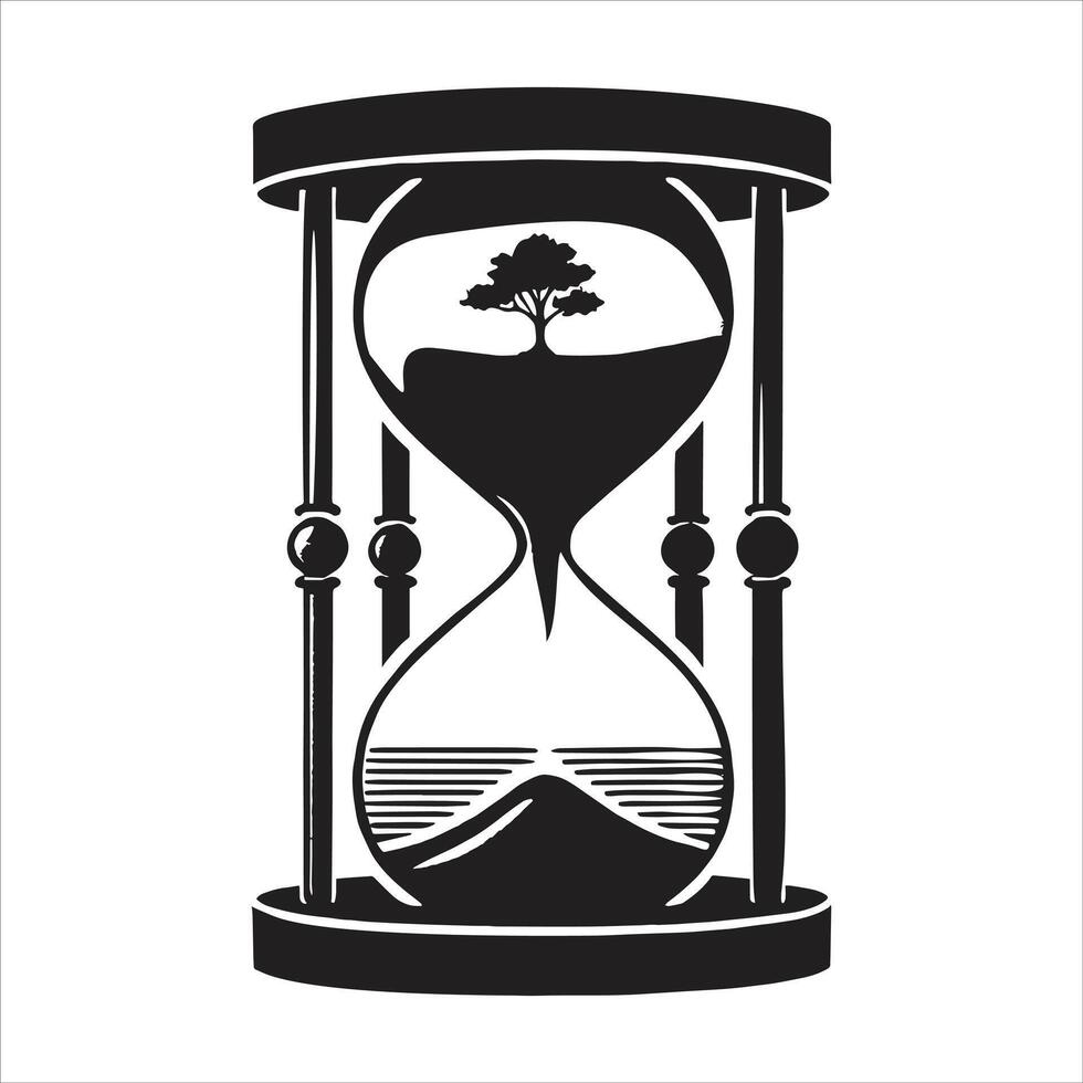 Hourglass Illustration with Tree and Sand Landscape in Black and White Symbolic Time Artwork for Tattoos, Logos, Posters, and Conceptual Design vector