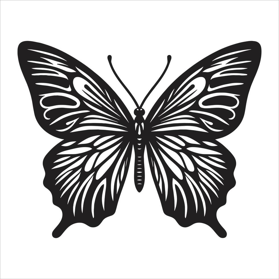 Beautiful Butterfly Illustration in Black and White Silhouette Style with Elegant Symmetrical Wing Patterns vector