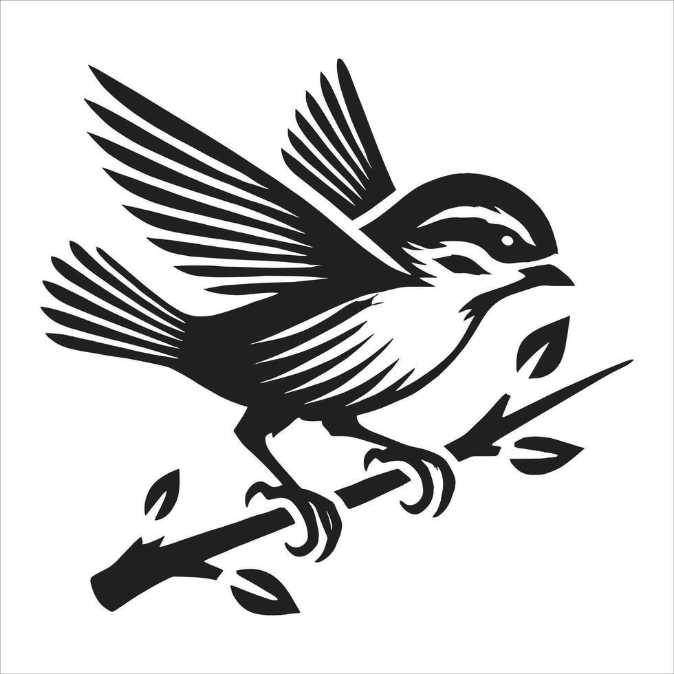 A black and white illustration of a bird on a branch vector