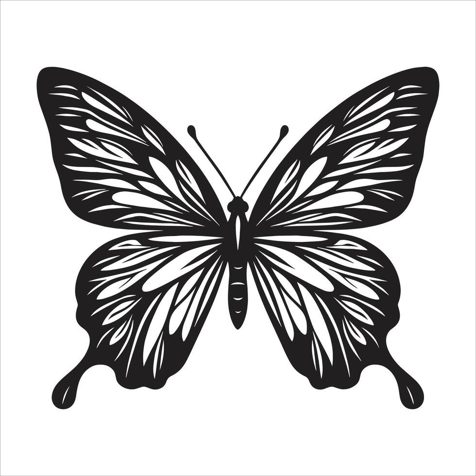 Butterfly silhouette on white background Intricate Butterfly Silhouette with Detailed Wings for Nature, Tattoo, Decorative, and Artistic Designs vector