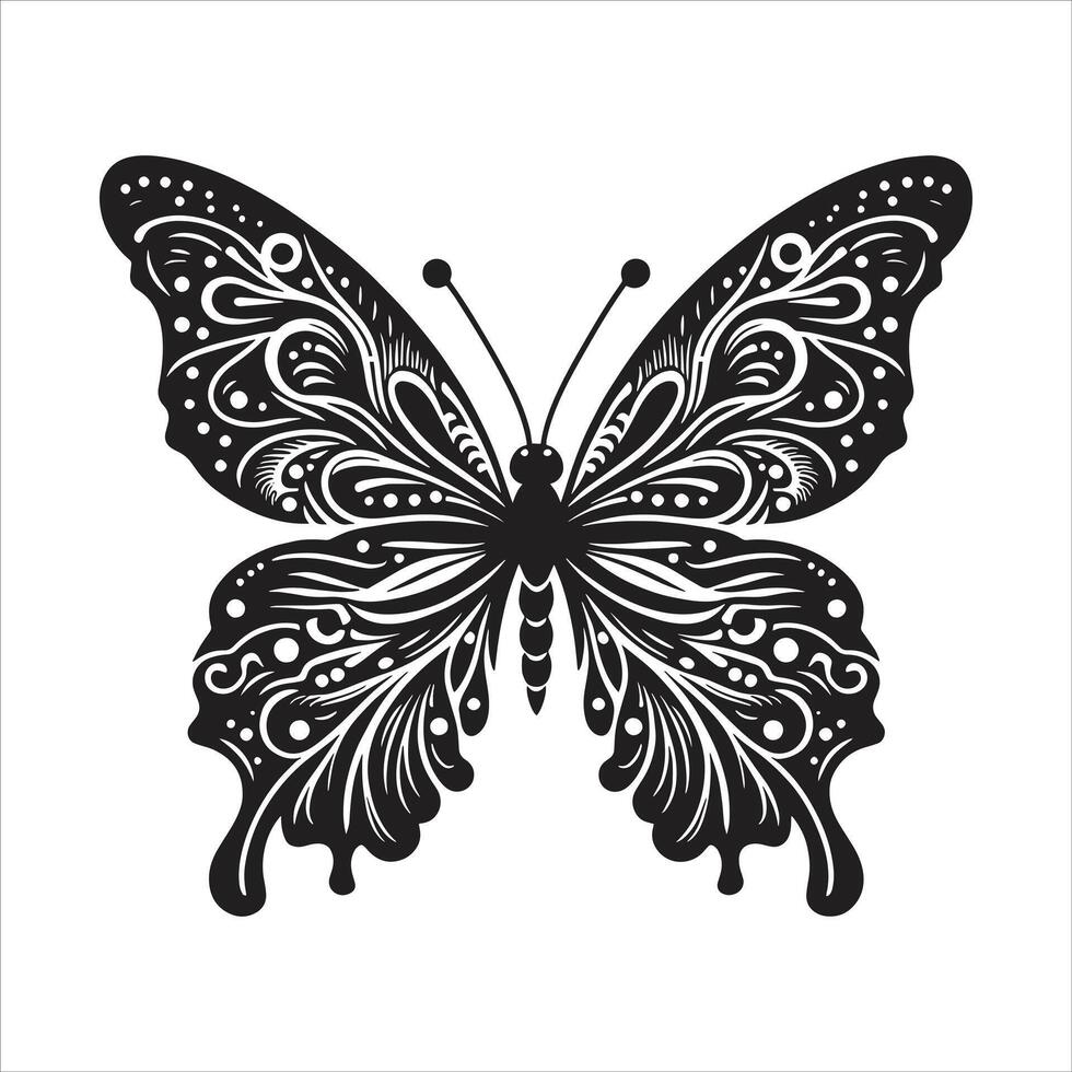 Elegant Butterfly Illustration in Black and White Silhouette Style with Intricate Ornamental Patterns vector