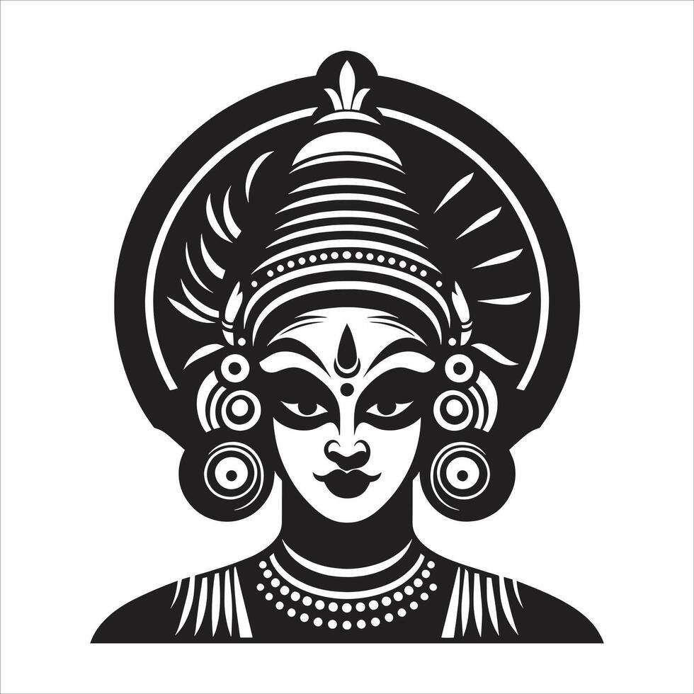 Traditional Kathakali Face Illustration in Black and White Kerala Classical Dance Art, Intricate Indian Culture Design for Tattoos, Stencils, and Decor vector