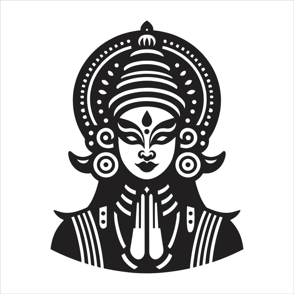 Kathakali Dance Pose Illustration in Black and White with Traditional Costume and Expressive Hand Gesture vector