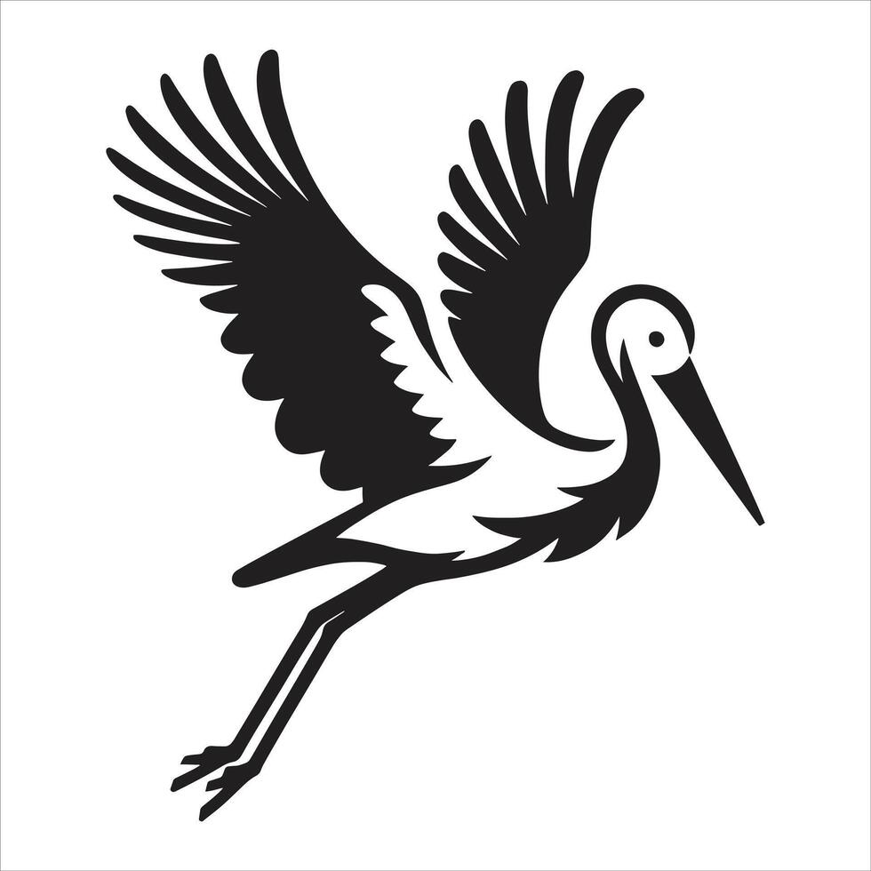 A black and white image of a crane flying vector