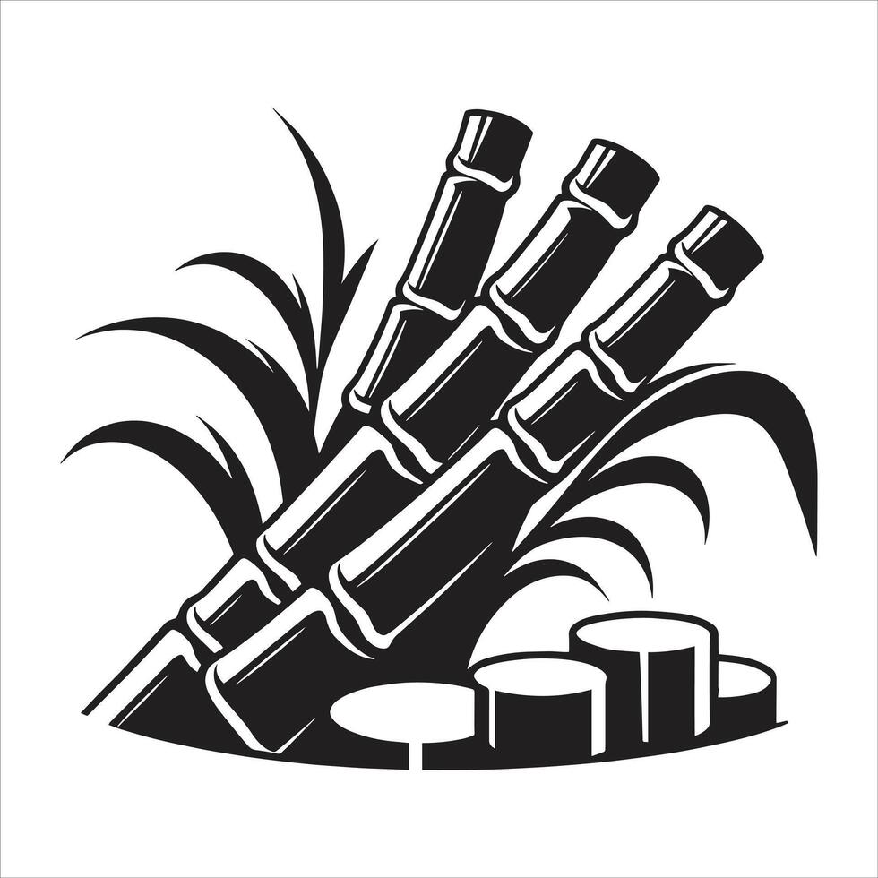 Sugarcane Illustration in Black and White with Detailed Bamboo Stalks and Leaves for Agriculture and Farming vector