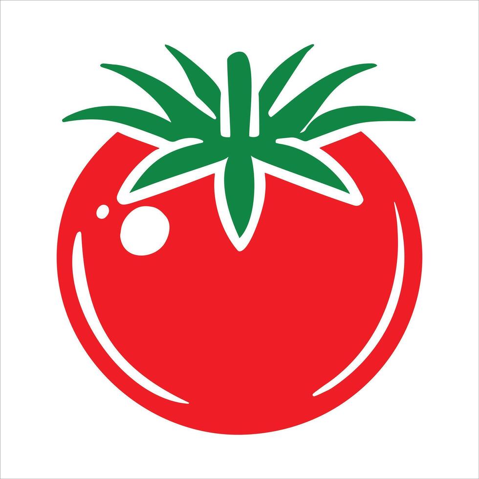 Fresh Red Tomato Illustration with Green Leaves and Glossy Surface for Organic Farming, Healthy Food, Vegan Diet, Grocery, Restaurant Menu, and Garden Produce vector
