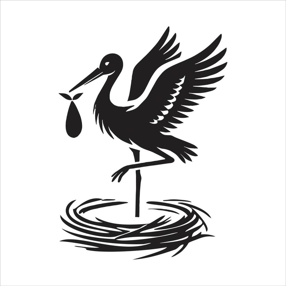 A black and white silhouette of a stork with a baby in its nest vector