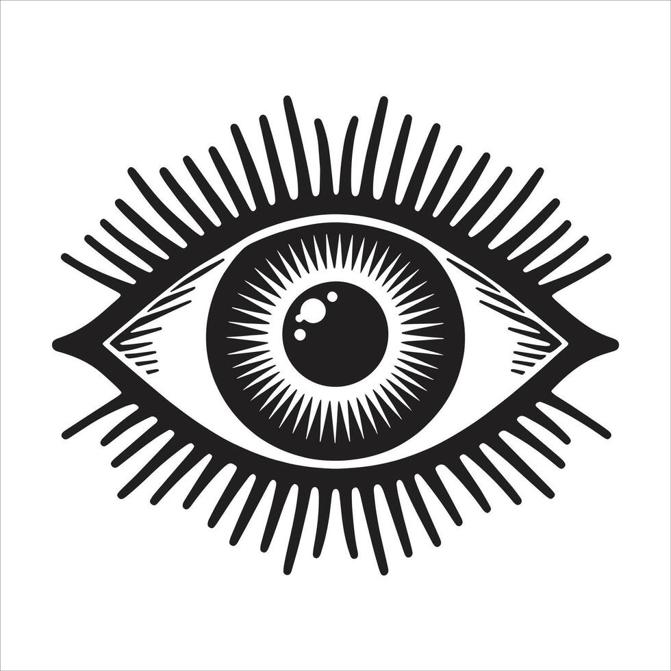 Mystical Black and White Eye with Radiating Lines in Esoteric Symbolic Design for Spiritual and Occult Art vector
