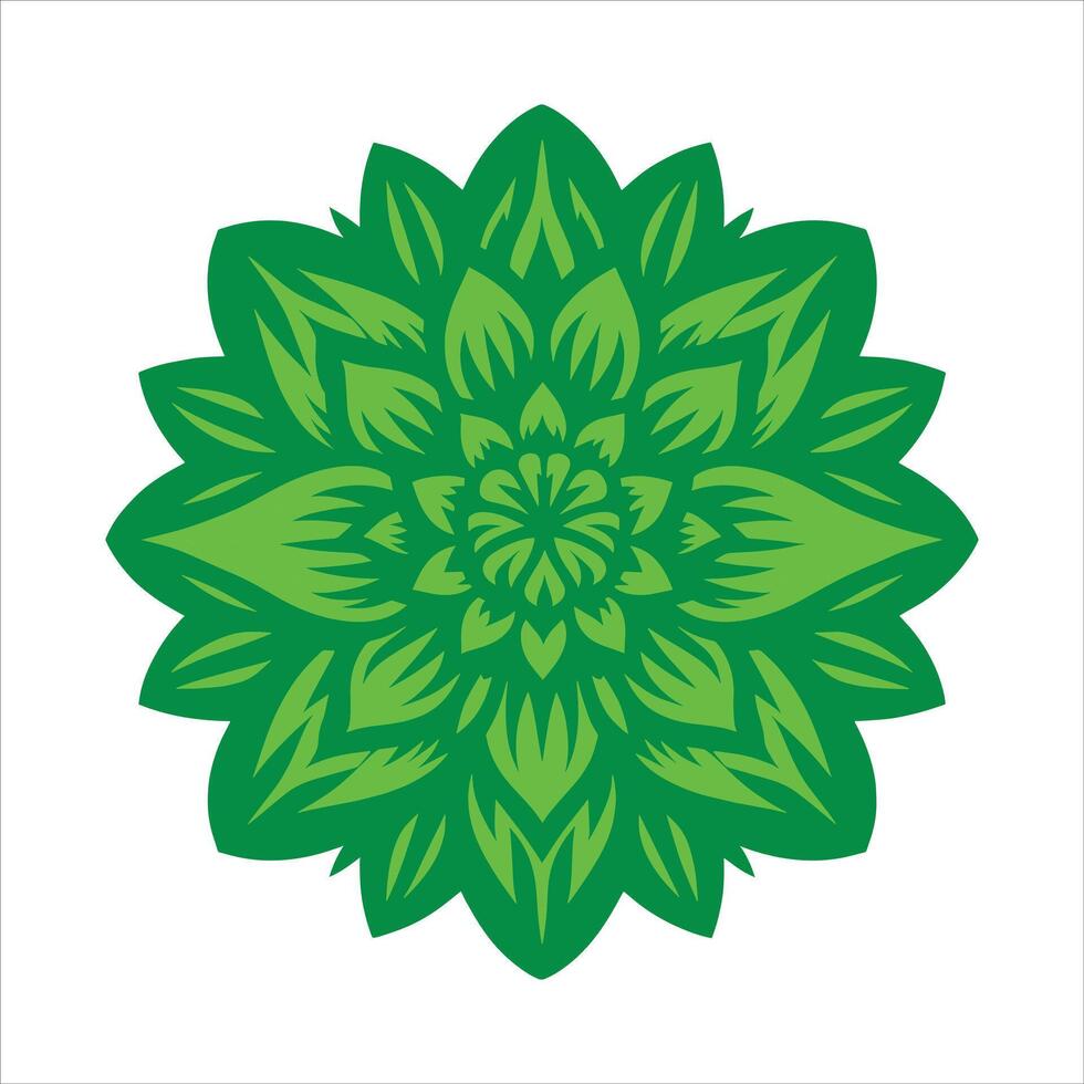 Intricate Green Mandala Flower with Symmetrical Leaf Pattern in Decorative Abstract Design on White Background vector
