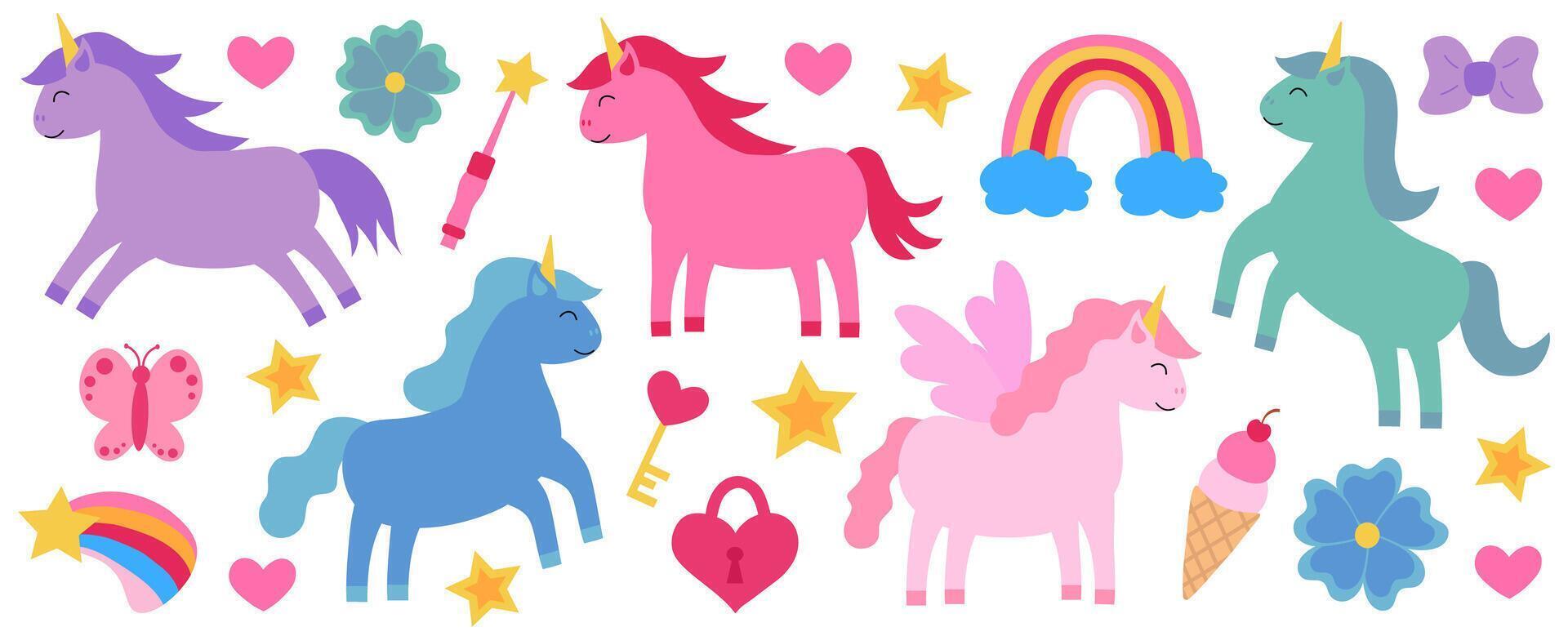 Set of Colorful Unicorns. Children flat illustration. vector