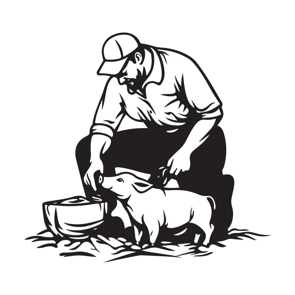 Farmer feeding pigs in farm image. Black and white Farmer Feeding Pigs image on the Farm. vector