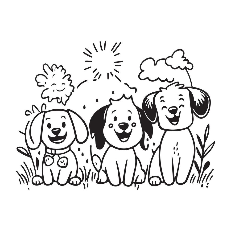 Cartoon Group of Adorable Dogs Playing and Having Fun in a Field image isolated on white background. vector