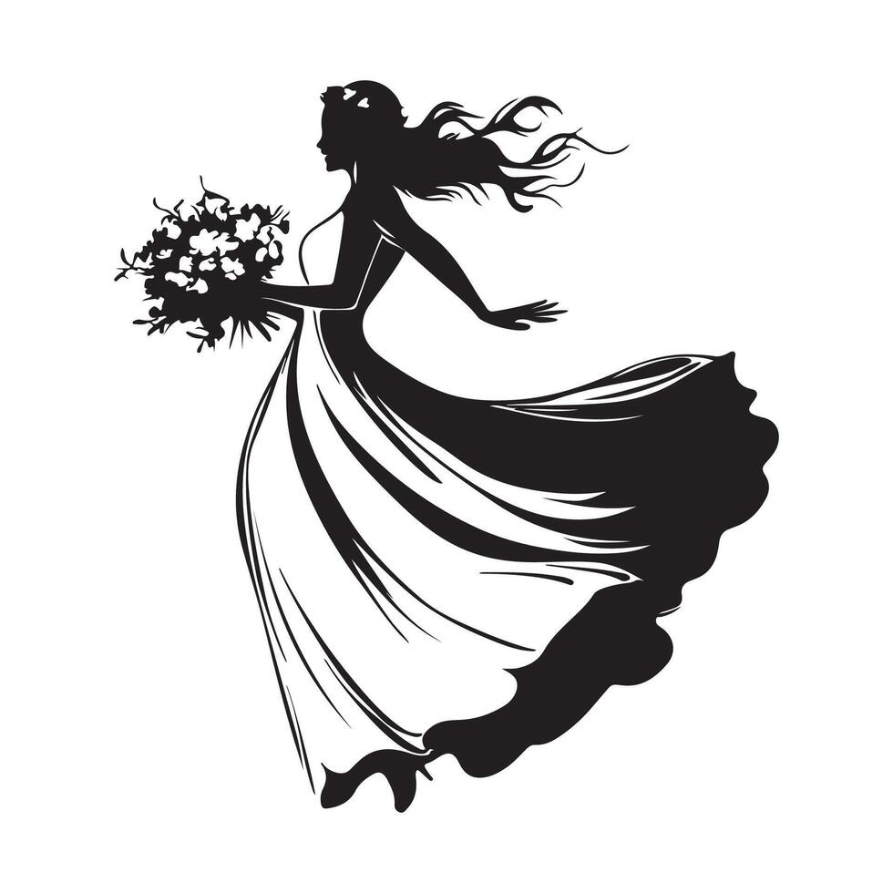 Joyful bride in a flowing dress, holding a bouquet of flowers while leaping image isolated on white background. vector