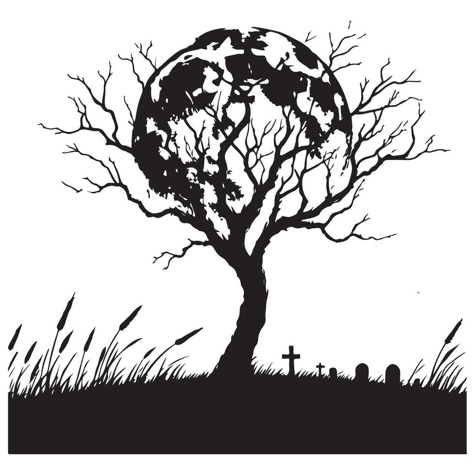 Silhouette Spooky Tree with Full Moon and Graveyard vector