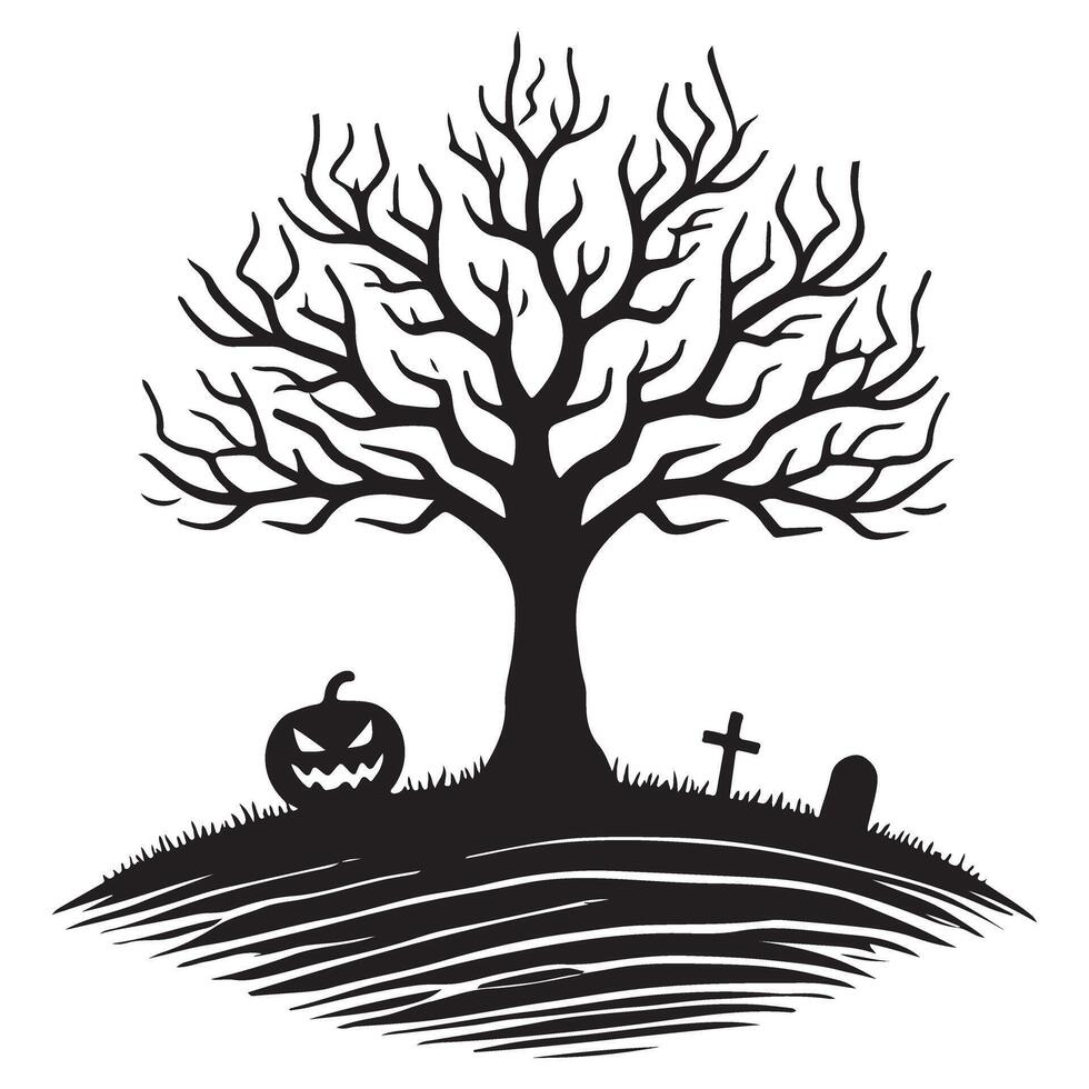 Haunted Tree Silhouette with Jack O Lantern and Tombstone vector