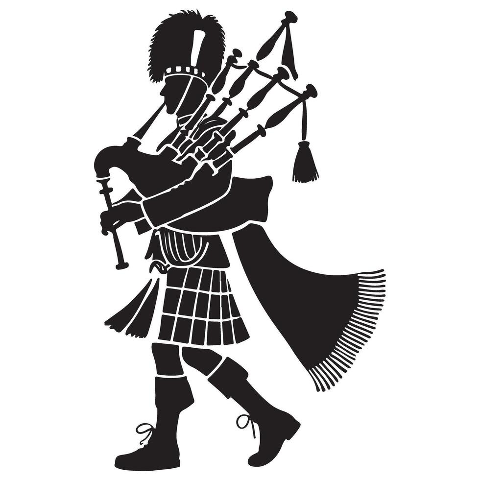 Silhouette of a scottish bagpiper wearing kilt playing pipes illustration vector