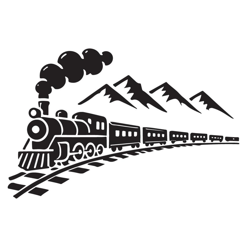 Steam Train Silhouette Artwork with Mountain Background Scenery vector