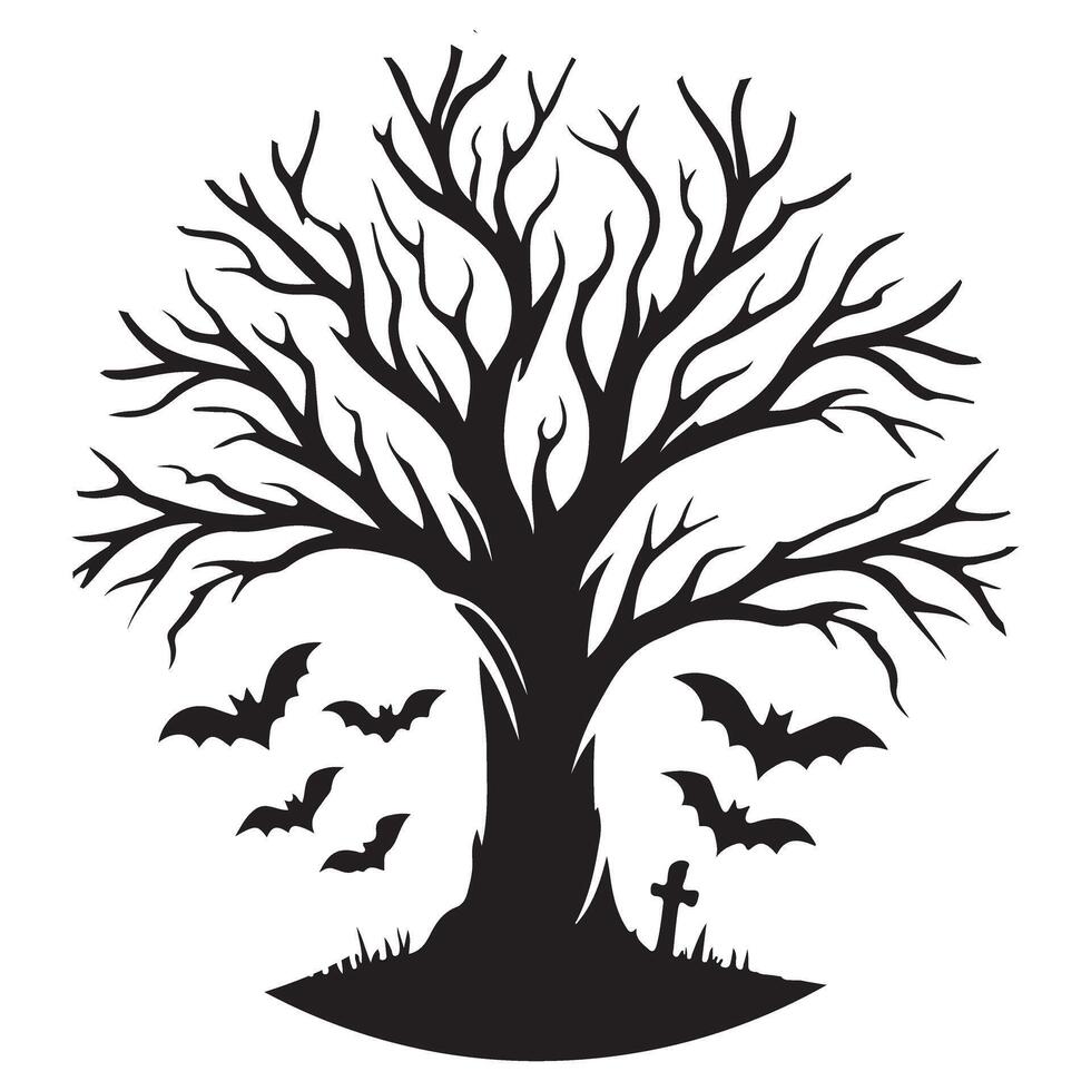 Spooky Halloween Tree Silhouette with Bats and Tombstone vector