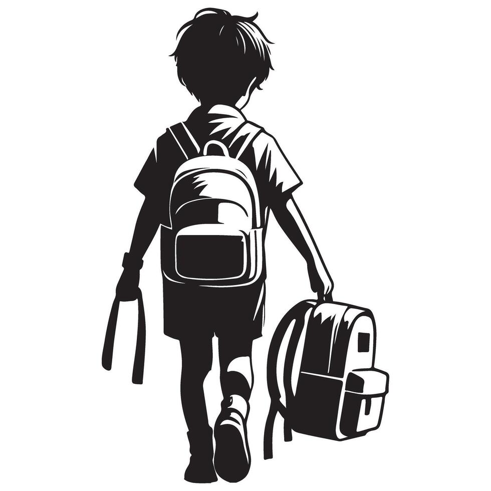 Silhouette Illustration of School Boy with Backpack Walking Away From School vector
