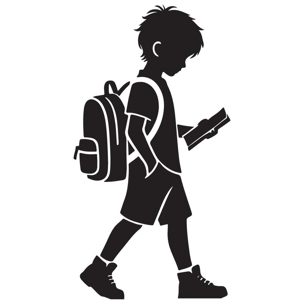 School Boy Silhouette Image Illustration Walking With Book vector