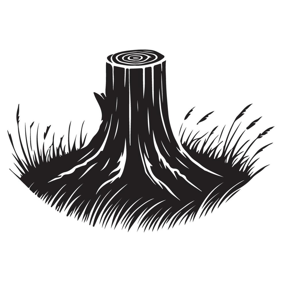 Tree stump with grass silhouette illustration nature scene vector