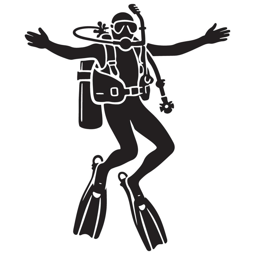 Silhouette Art of Scuba Diver Swimming Underwater Ocean vector