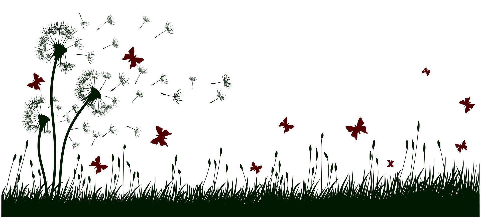 Meadow with dandelions and butterflies. vector