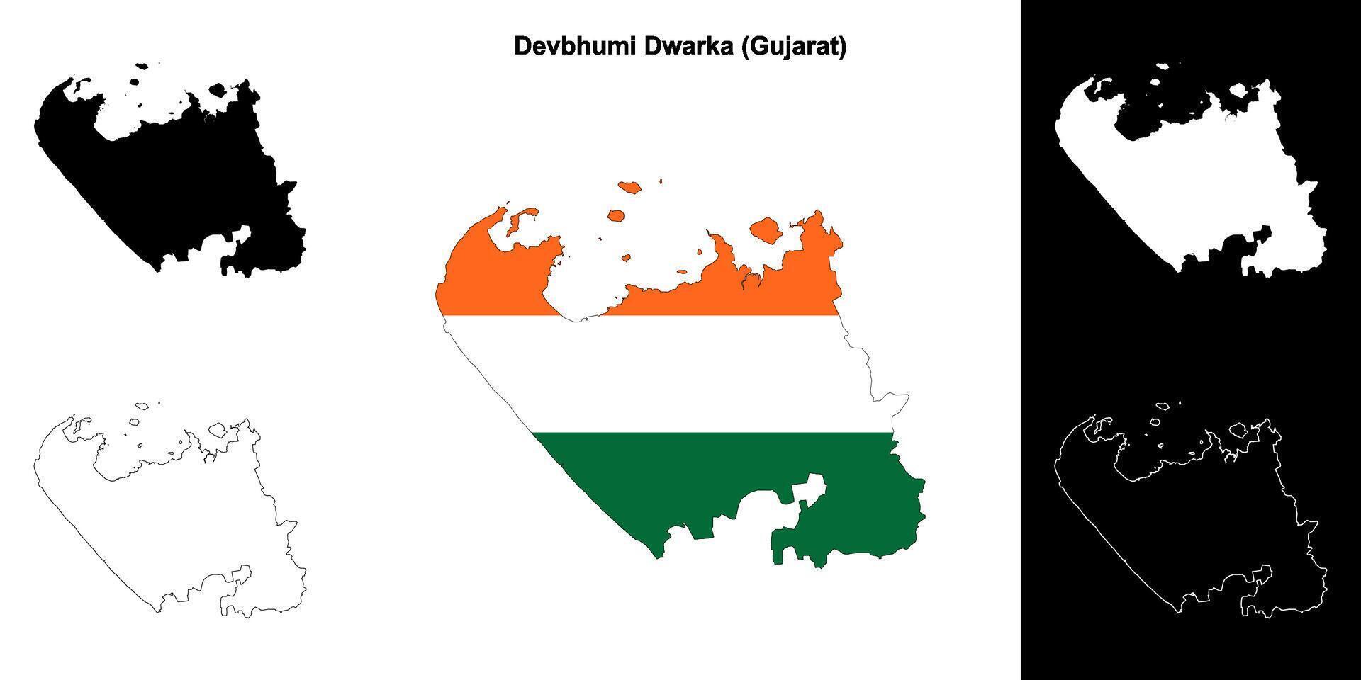 Devbhumi Dwarka district, Gujarat outline map set vector