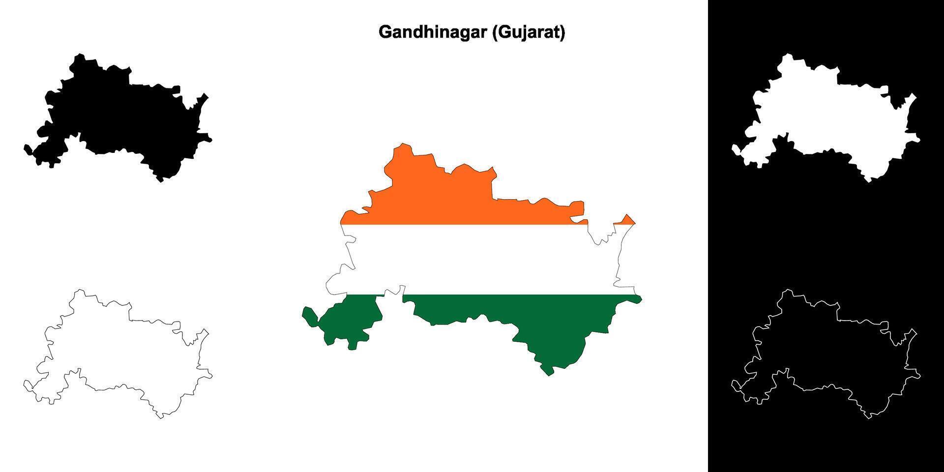Gandhinagar district, Gujarat outline map set vector