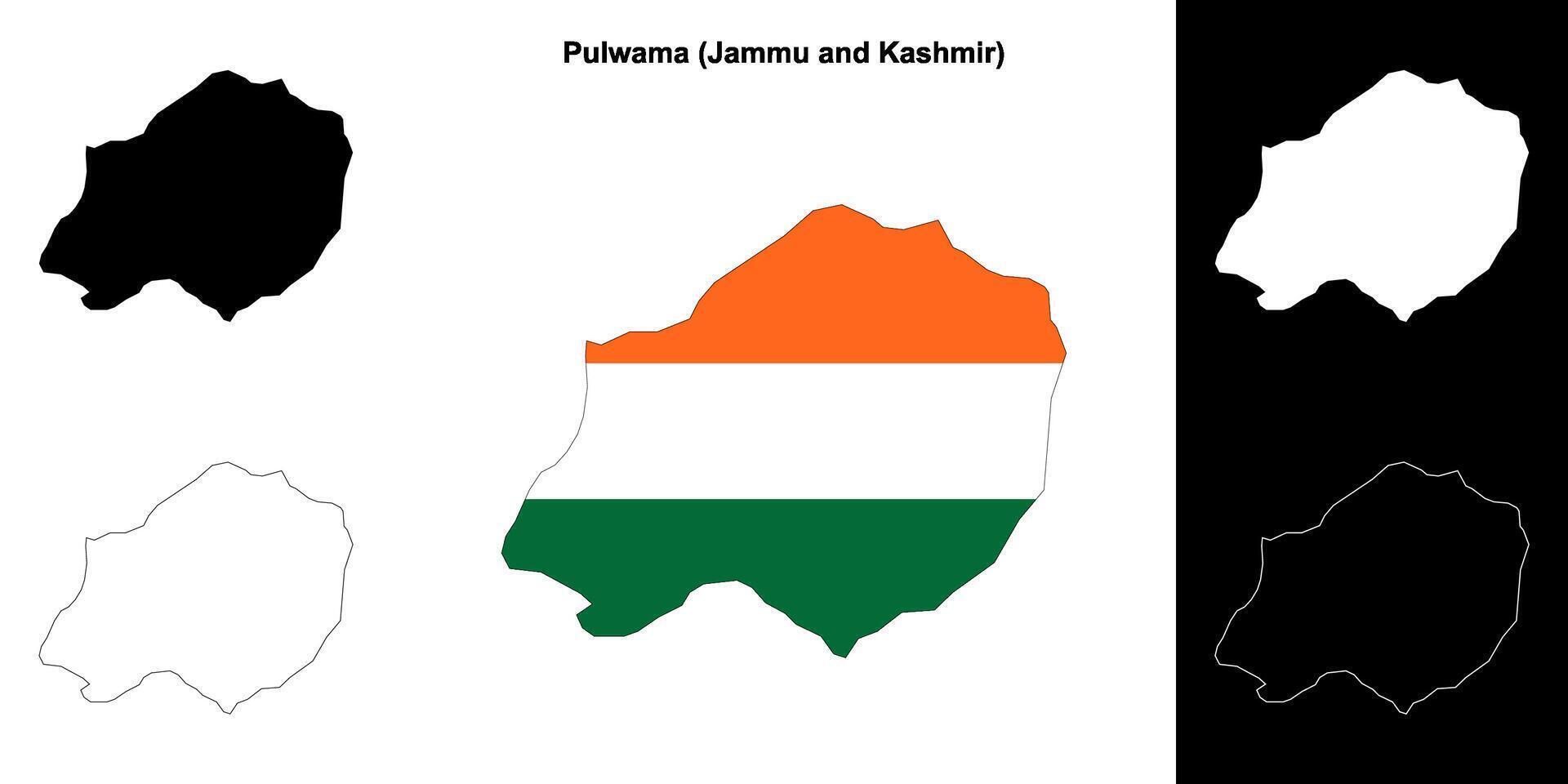 Pulwama district, Jammu and Kashmir blank outline map set vector