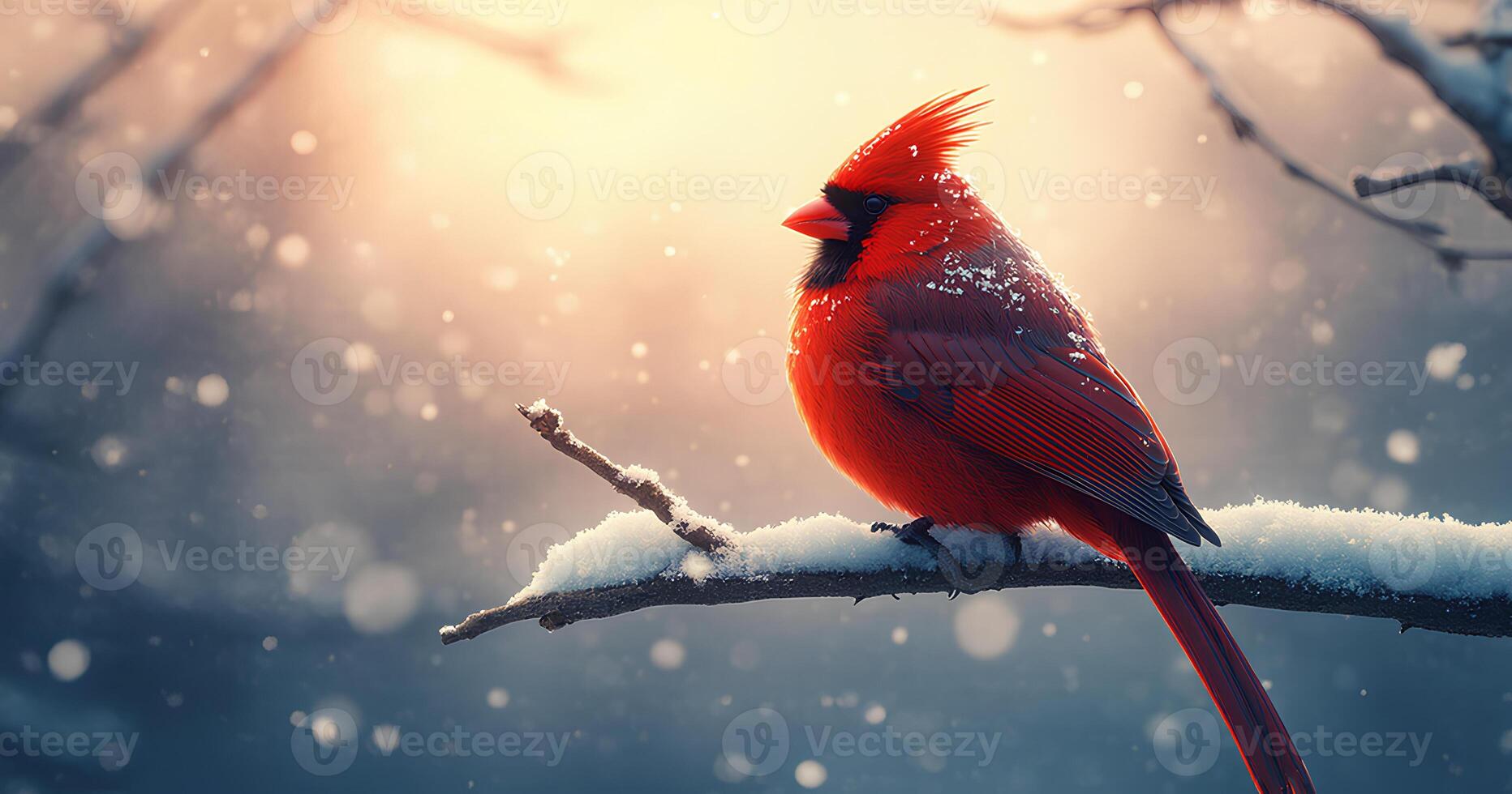 A Northern Cardinal Perched on Snowy Branch in Winter Sunlight photo