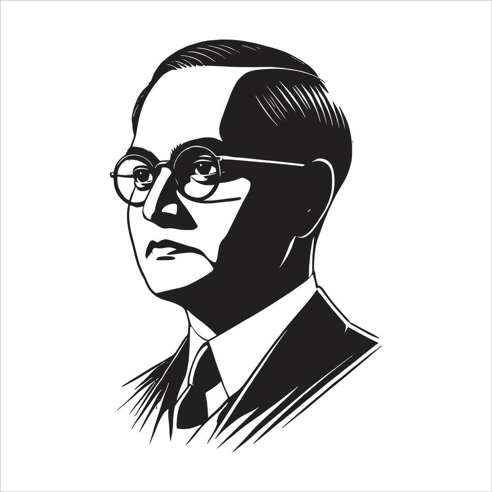 Dr BR Ambedkar Portrait Illustration in Black and White Silhouette Style Father of Indian Constitution and Social Reformer Artwork vector