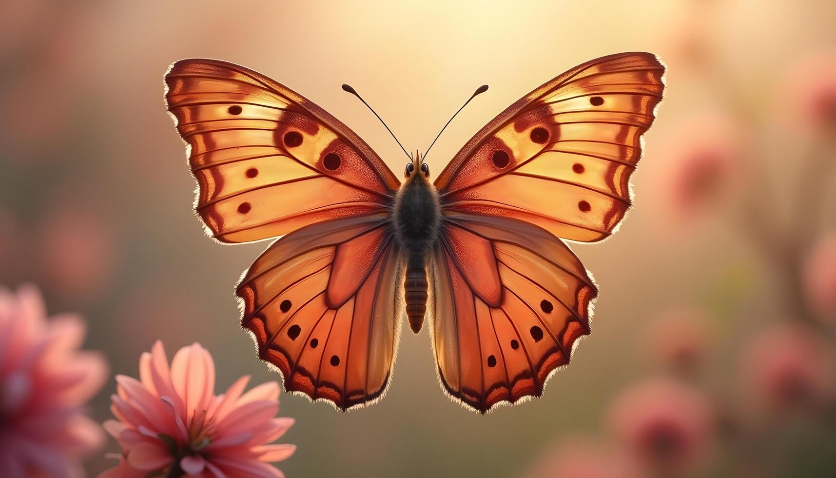 A delicate butterfly handlebar mustache shaped wings, fluttering against a spring background photo