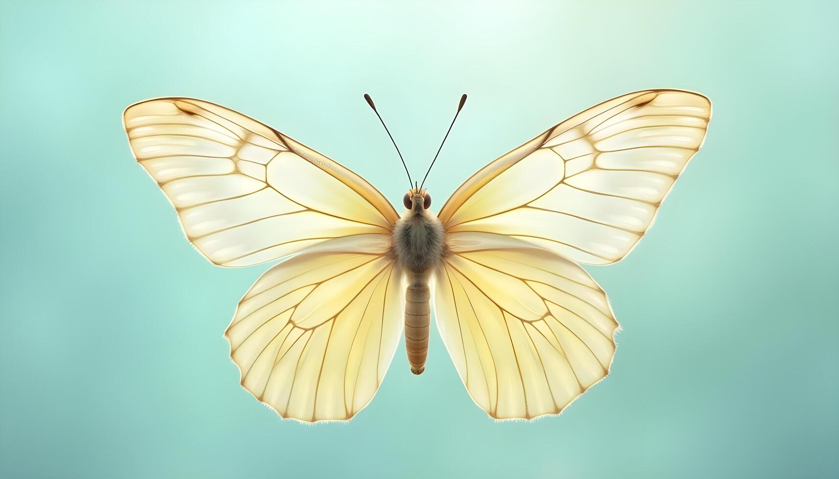 A delicate butterfly with ornate mustache shaped wings, fluttering against a pastel morning sky photo