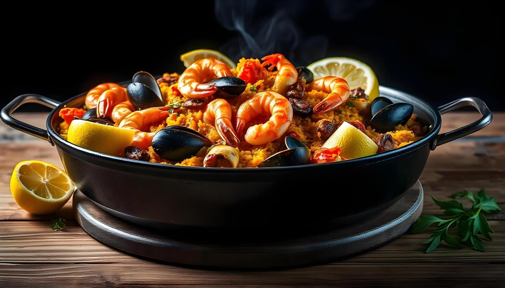 Large pan of seafood paella with shrimp, mussels, saffron rice, and lemon wedges on wooden table photo