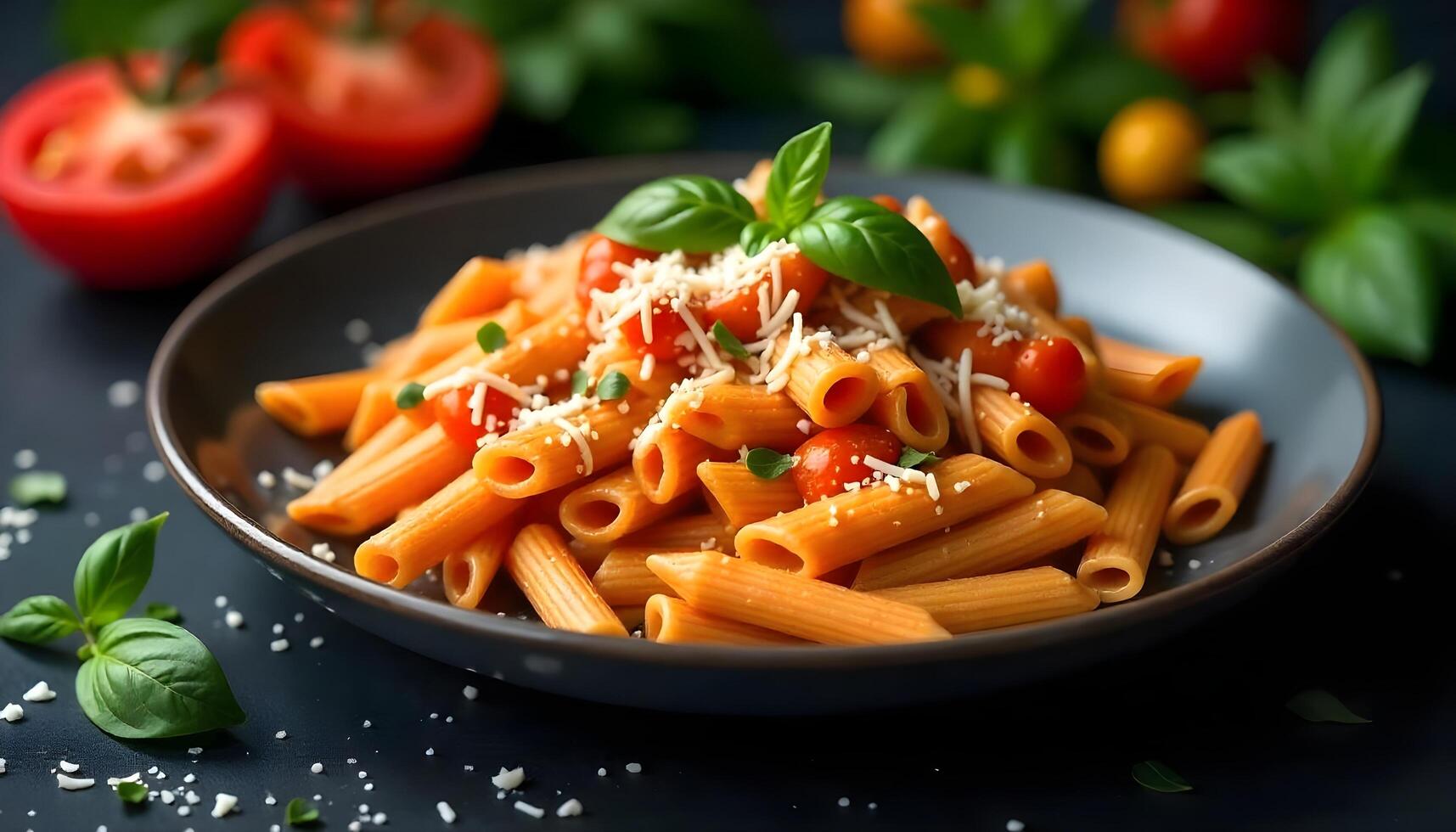 Rustic plate of creamy penne pasta with tomato sauce, cheese, basil, and fresh tomatoes photo