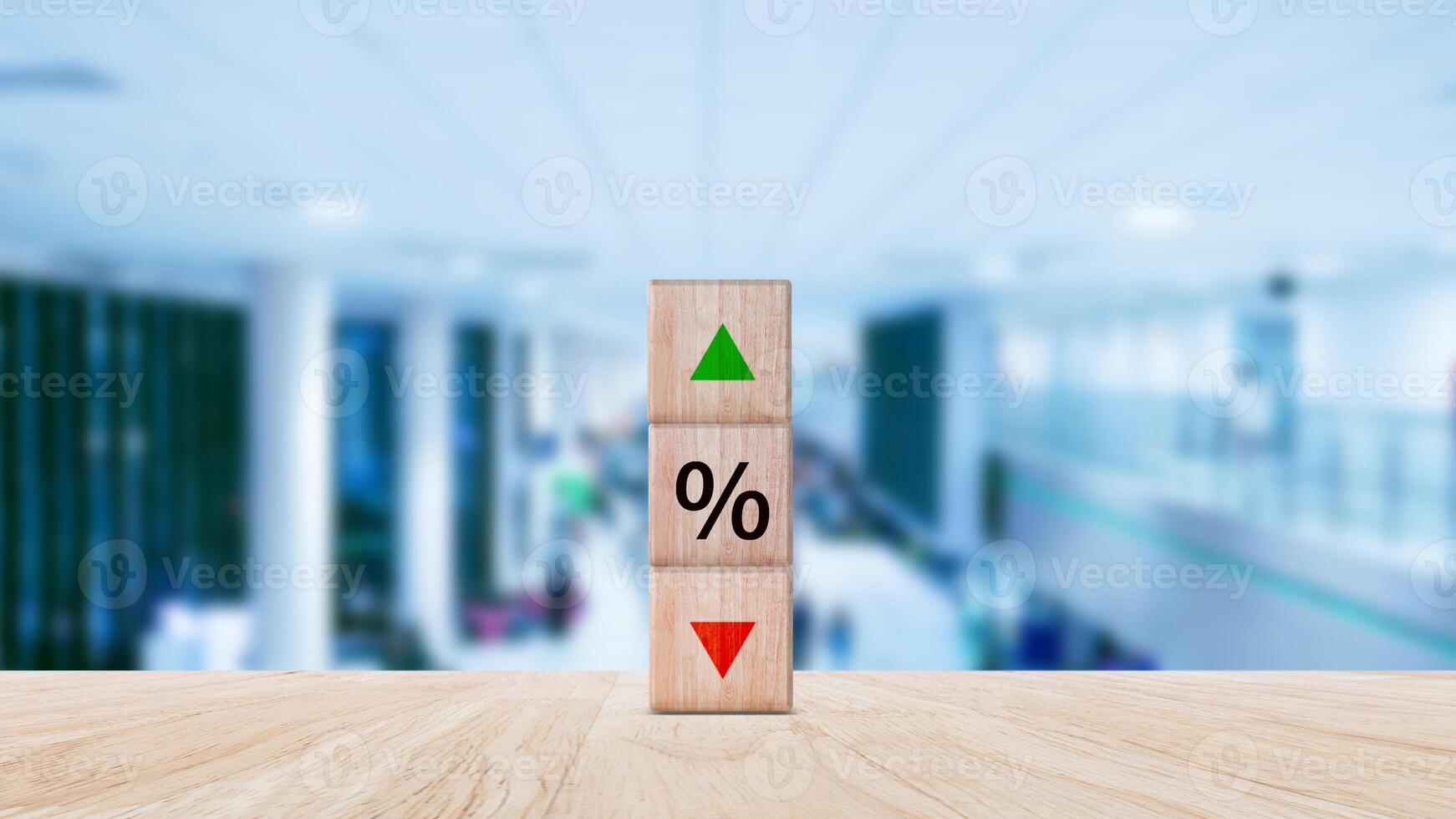 Financial, stocks, interest rate and GDP percent change, wooden block with percentage sign and arrow up sign and down for interest rate, ranking, gdp up photo