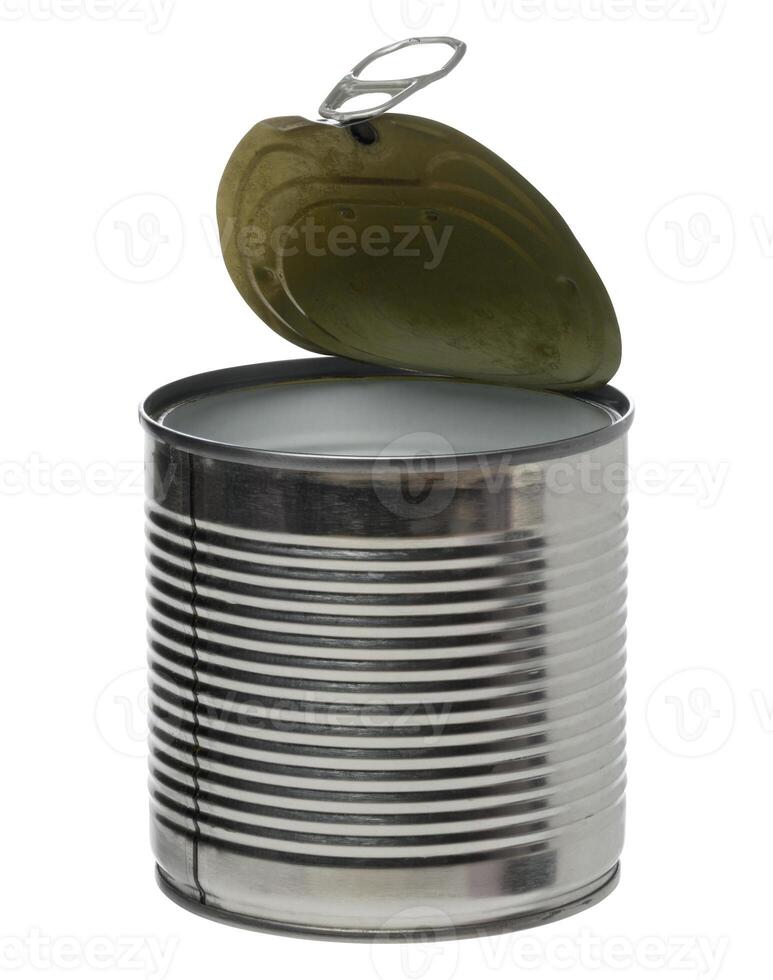 Tin can with open lid on isolated background photo
