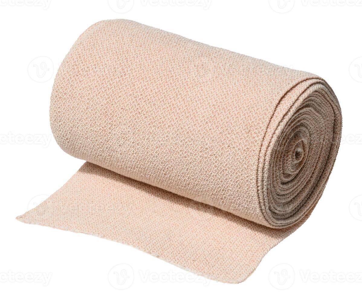 Roll of textile medical elastic bandage for limbs, close up. photo
