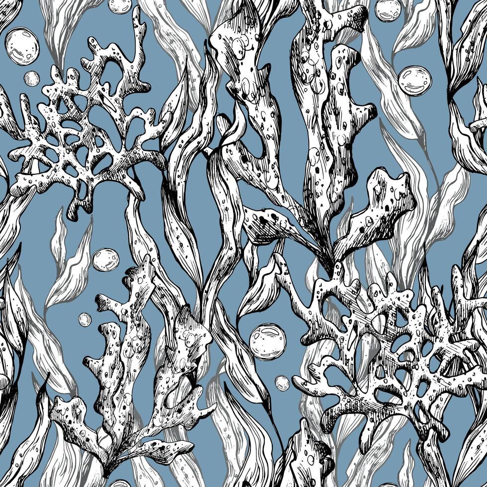 Underwater world clipart with sea animals, bubbles, coral and algae. Graphic illustration hand drawn in black ink. Seamless pattern EPS on a blue background. vector