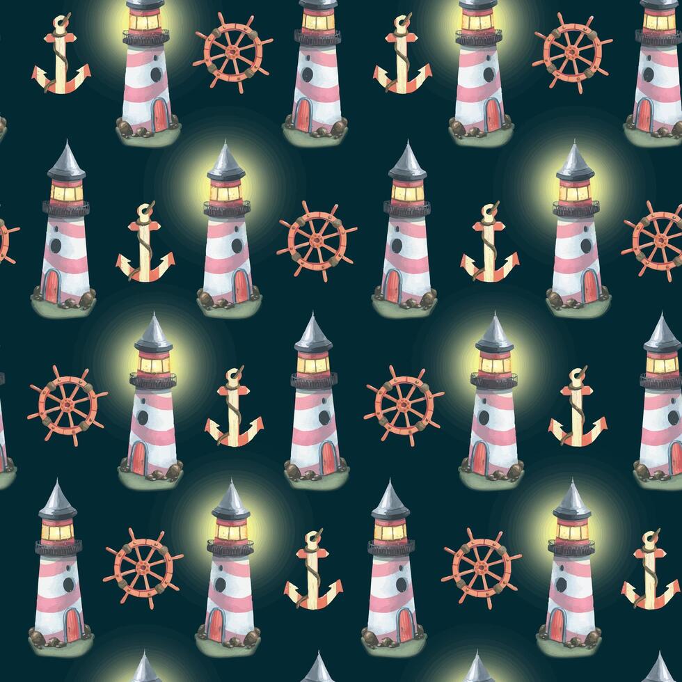 Marine lighthouses with lights, anchors and steering wheels on a dark blue background. Watercolor illustration. Seamless pattern. For fabric, textiles, wallpaper, paper, packaging, baby bedding vector