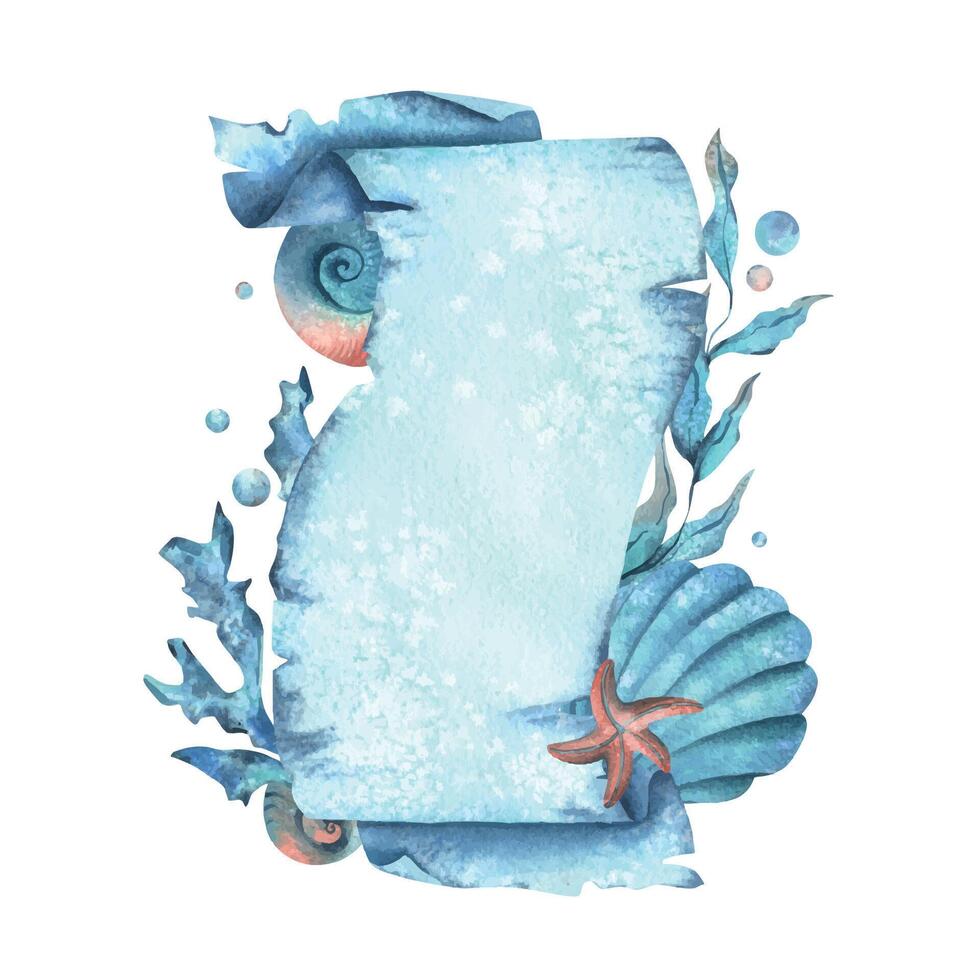 Paper banner scroll, in marine theme with underwater animals, shells, seaweed, corals, starfish and bubbles. Watercolor hand drawn illustration. Rectangular vertical frame, banner, template for text vector