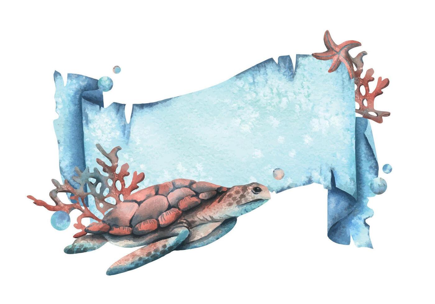 Paper banner scroll, in marine theme with underwater animals, turtle, corals, starfish and bubbles. Watercolor hand drawn illustration. Rectangular horizontal frame, banner, template for text vector