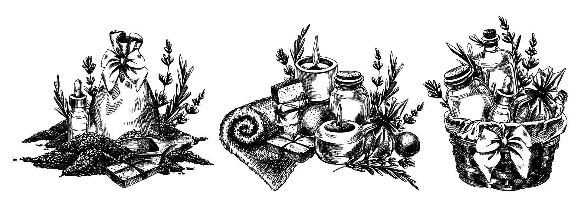 Handmade cosmetics, bath salts, soap, candles, bath bombs. Graphic illustration line art hand drawn in black and white monochrome. Set of elements vector