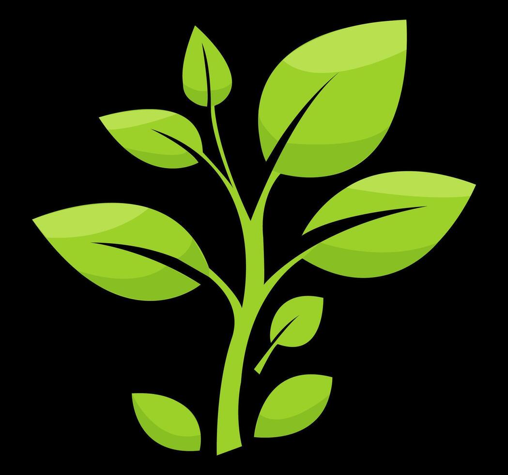 Green plant illustration with lively leaves symbolizing growth and nature in a minimalist style on a dark background, logo vector